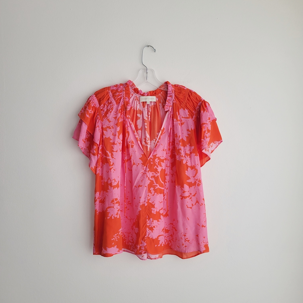 CABALLERO Pink Viscose Floral Printed Flutter Sleeve Blouse